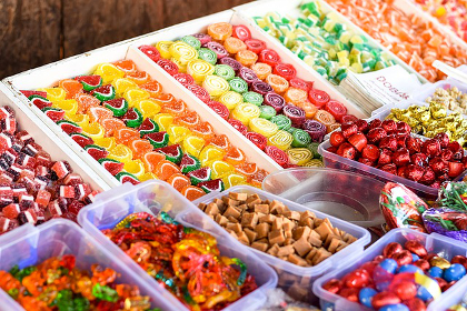 Colorful display of candy at a market