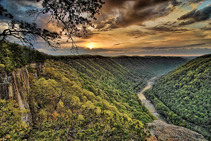 A river in a gorge under a sunset in West Virginia