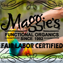 Maggie's Organics logo over a pair of tie dye socks