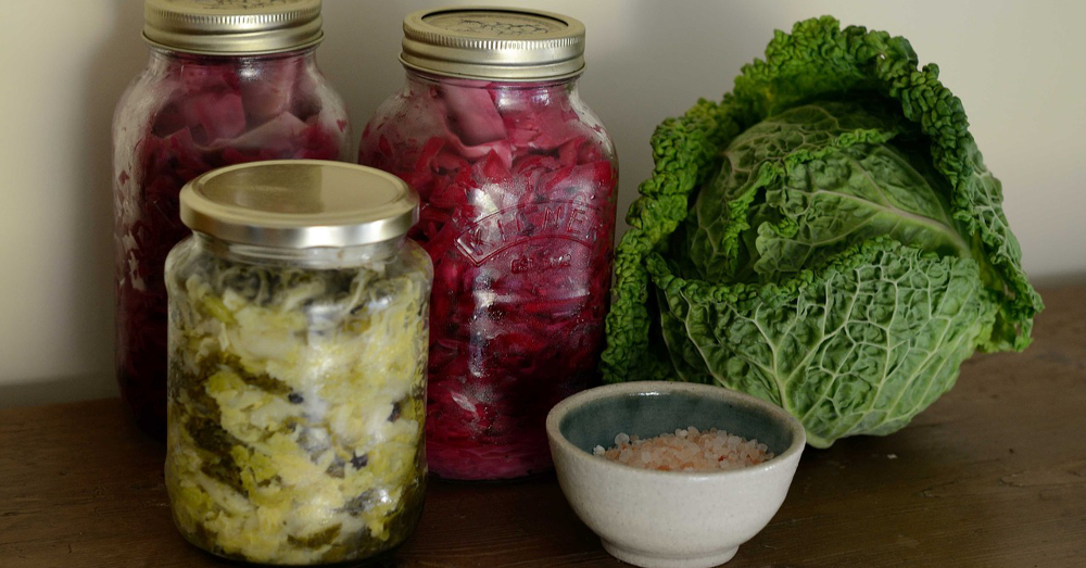 Lineup of fermented foods such as sauerkraut and kimchi