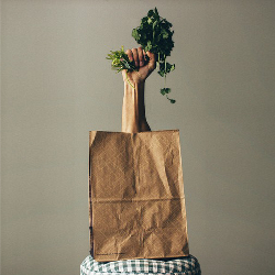 Persons fist holding parsley coming out of a paper grocery bag