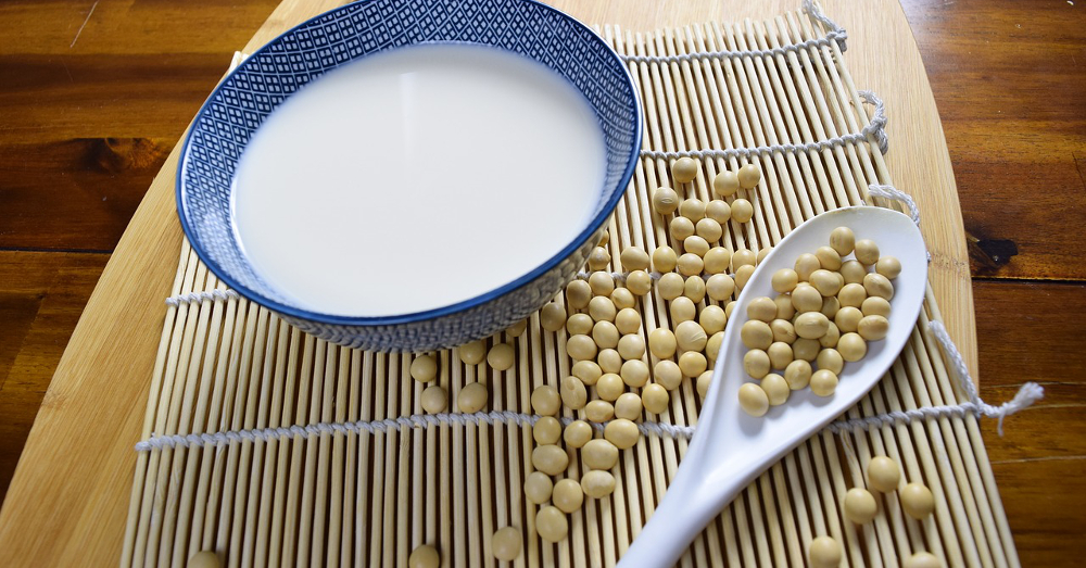 Bowl of soy milk and a spoonful of soy beans on a bamboo mat