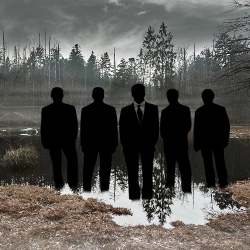 Silhouettes of businessmen in a foggy swamp
