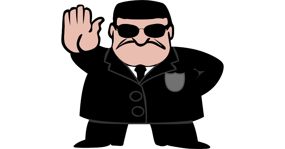 Black and white cartoon of a security agent holding up his hand in a STOP gesture