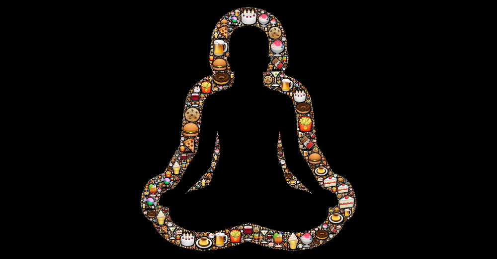 Silhouette of person meditating with images of junk food surrounding them