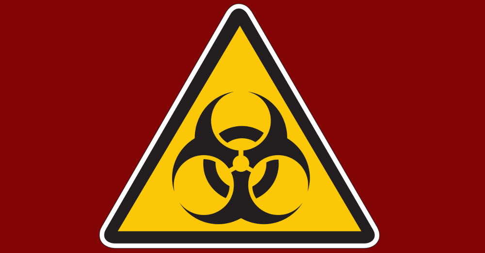 yellow biohazard sign on red background