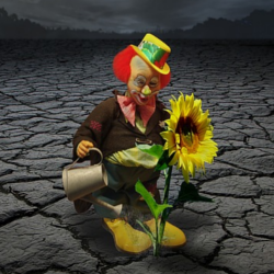 Colorful clown watering a flower with a black and white background