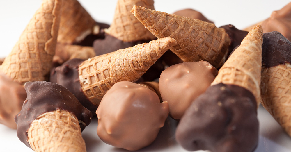 miniature scattered chocolate ice cream waffle cones