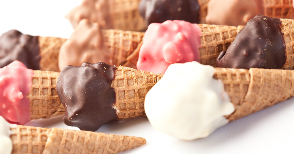 miniature ice cream waffle cones in white brown and pink