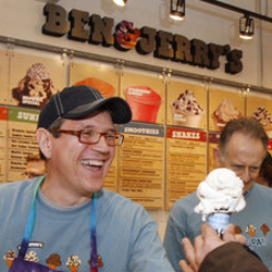 Ben and Jerrys CEO Joestein Solheim scooping ice cream