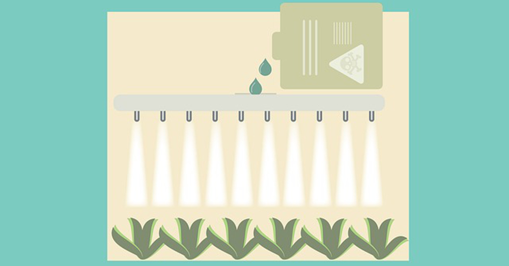 drawing of chemicals being applied to agricultural crops