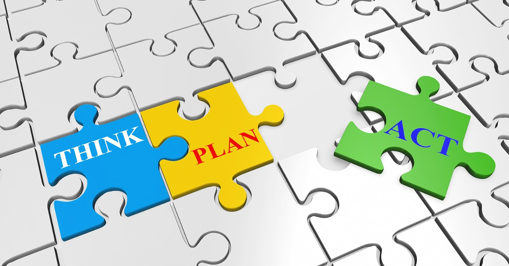 puzzle pieces with words "think," "plan," and "act"