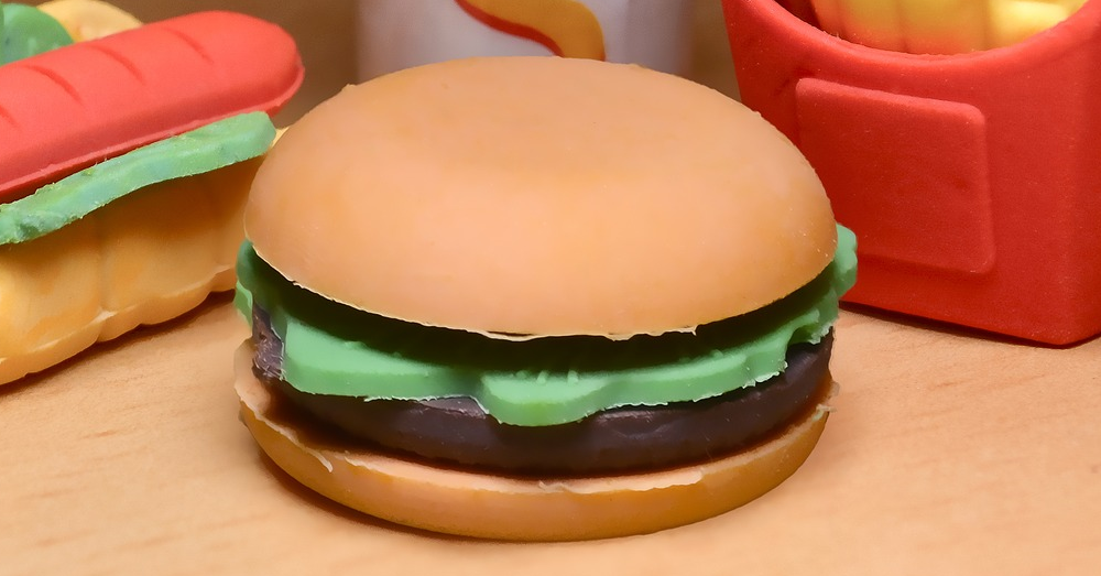plastic burger with plastic hot dog, fires and shake