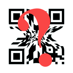 skewed qr code with a red question mark