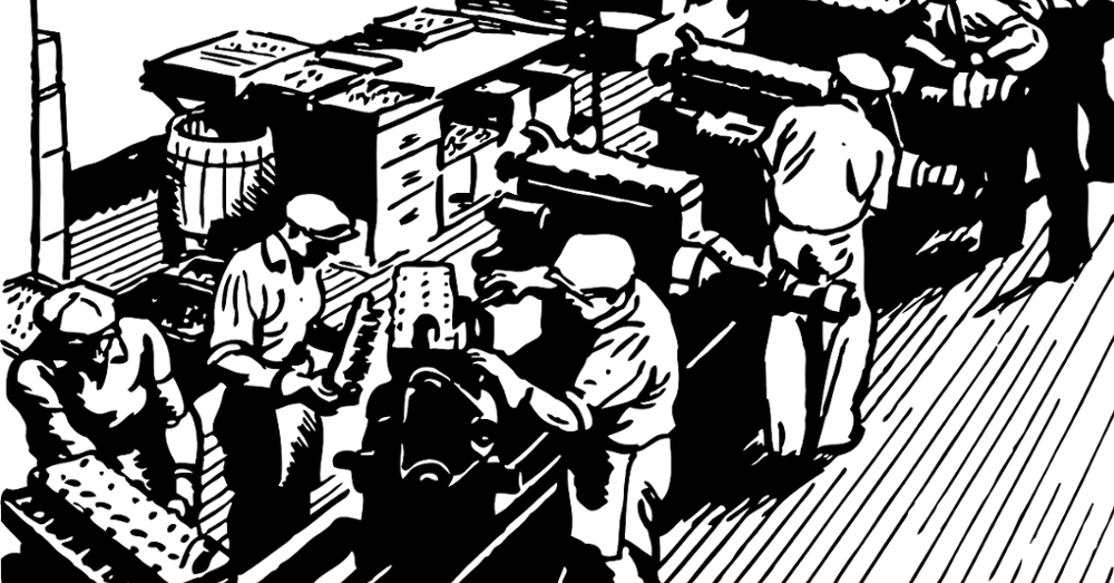 Drawing of factory workers in the early days
