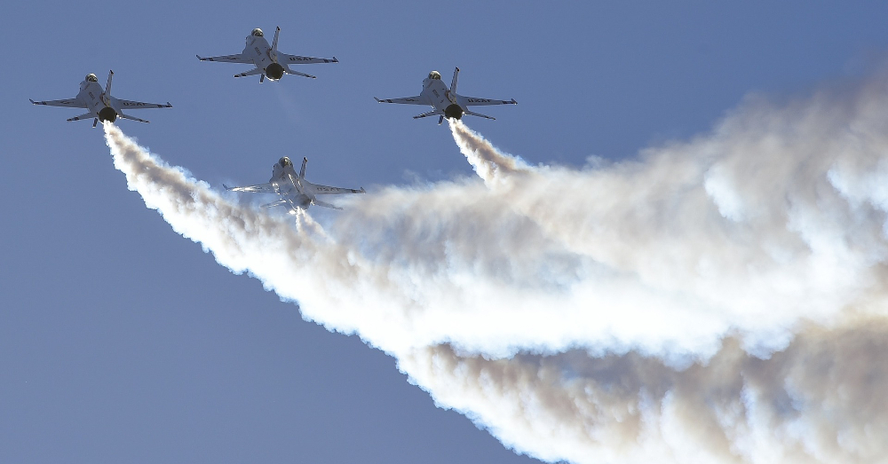 US Air Force planes flying in formation during an air show