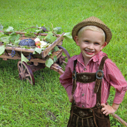 young boy with a harvest of pumpkins in a wagon