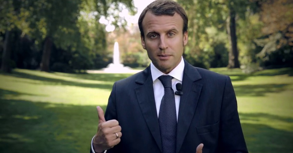 French President Emmanuel Macron speaking in a garden