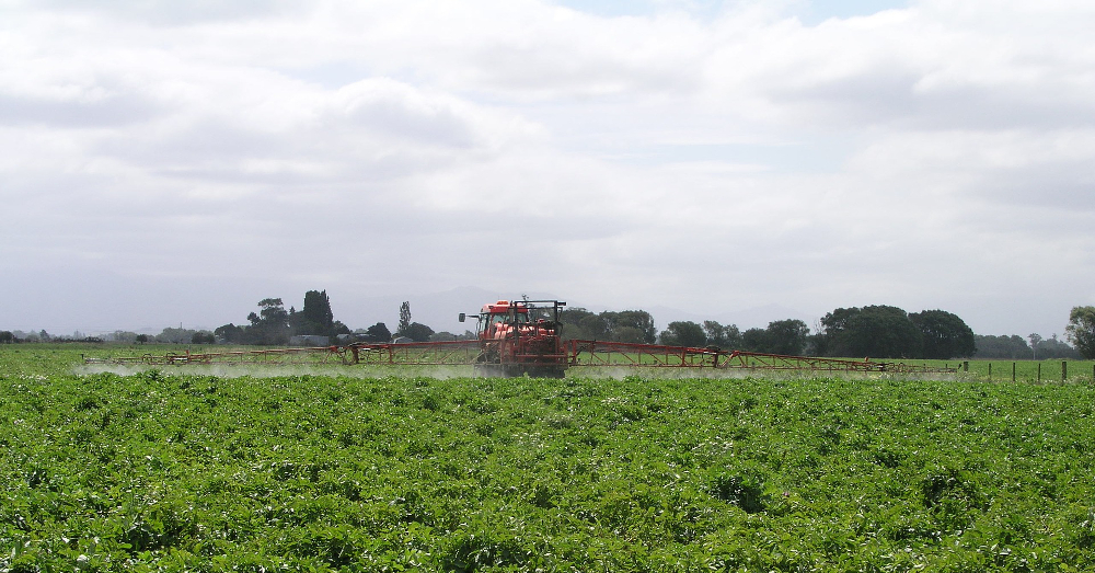 farm crop field being sprayed with an herbicide by a red tractor