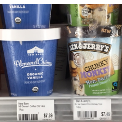 Ben and Jerry's and organic ice cream on shelf with prices