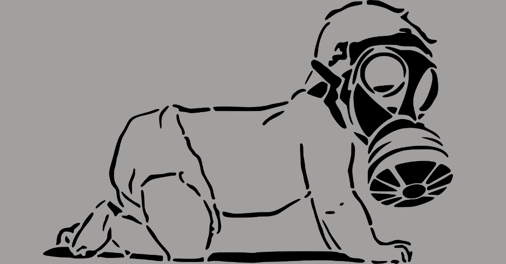 clipart of an infant baby crawling wearing a gas mask