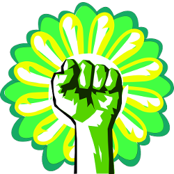 green hand in a fist in front of a flower
