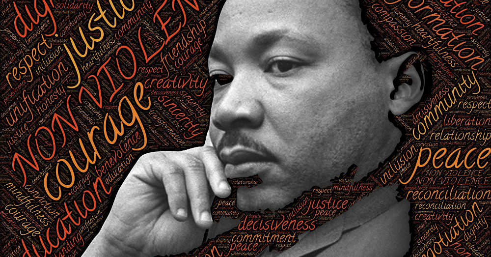 image of Dr Martin Luther King Jr surrounded by a cloud of words
