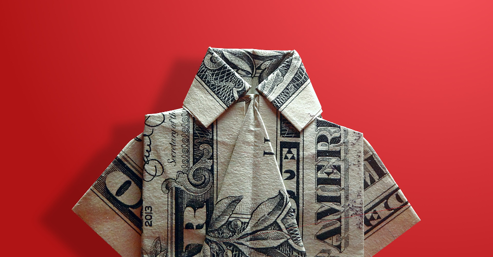 US dollar bill folded into a miniature mens shirt