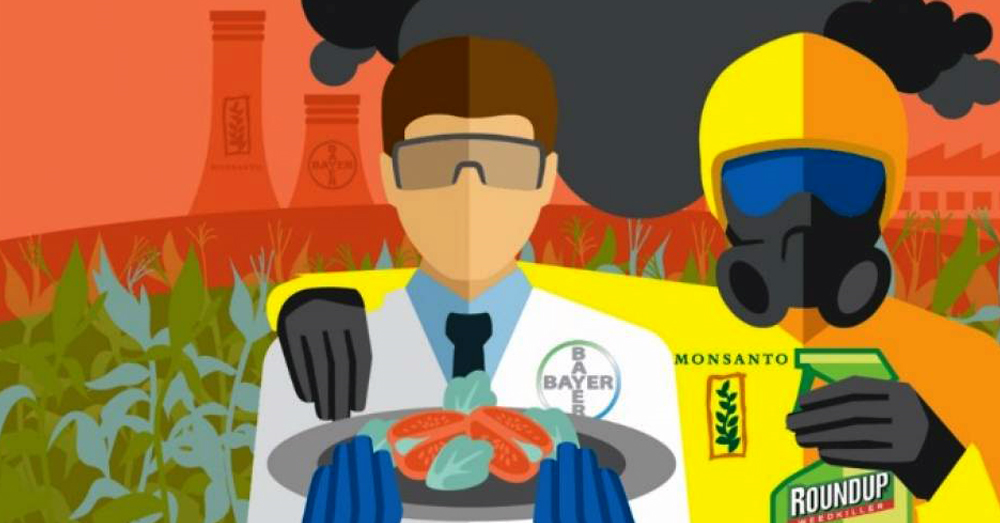 Monsanto-Bayer cartoon with gas masks
