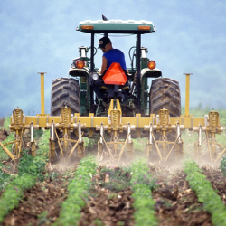 farmer on a tractor in an agricultural crop field spraying a chemical herbicide to the harvest