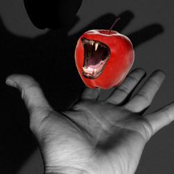 persons hand holding a red apple that is bearing sharp monster teeth
