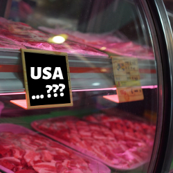 raw meat for sale at a grocery counter with a sign reading USA...???