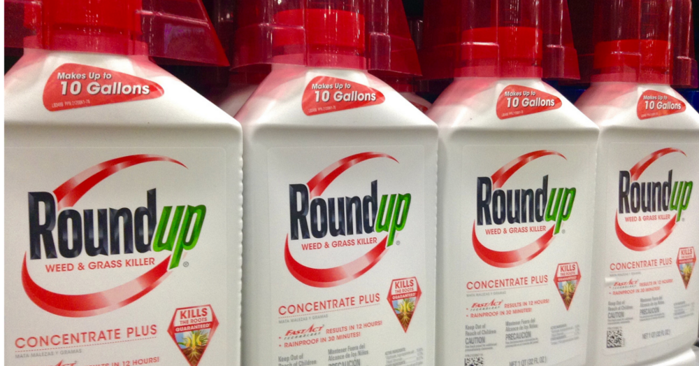 Bottles of Roundup weed and grass killer on store shelf