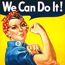 Rosie the Riveter flexing muscle with the text WE CAN DO IT