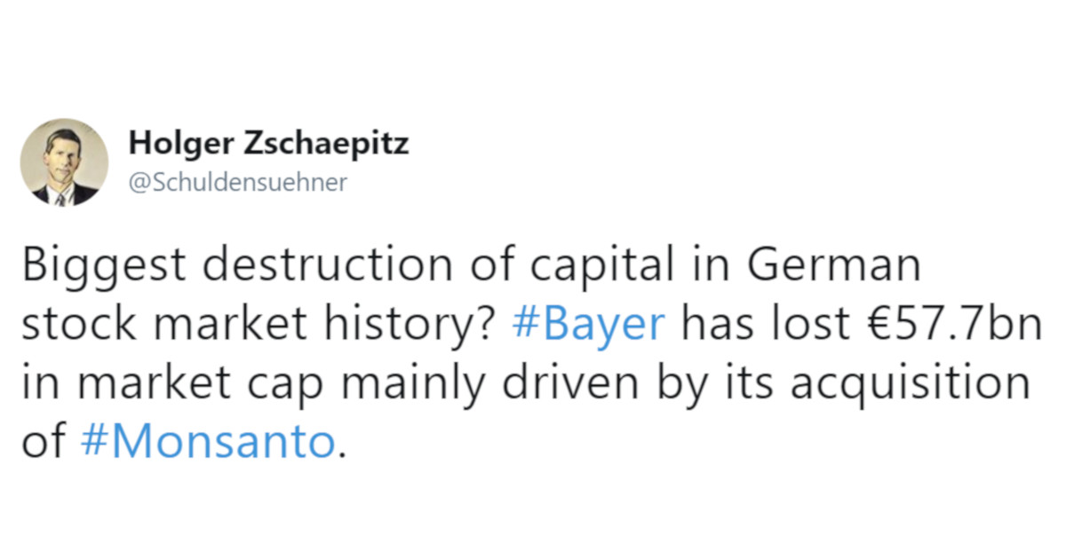 tweet from Holger Zschaepitz regarding Bayers drop in stock after judge upholds jurys decision in Monsanto cancer trial