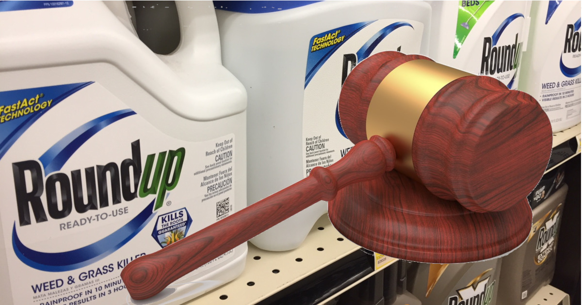 Monsantos Roundup bottles on a store shelf behind a wooden judges gavel