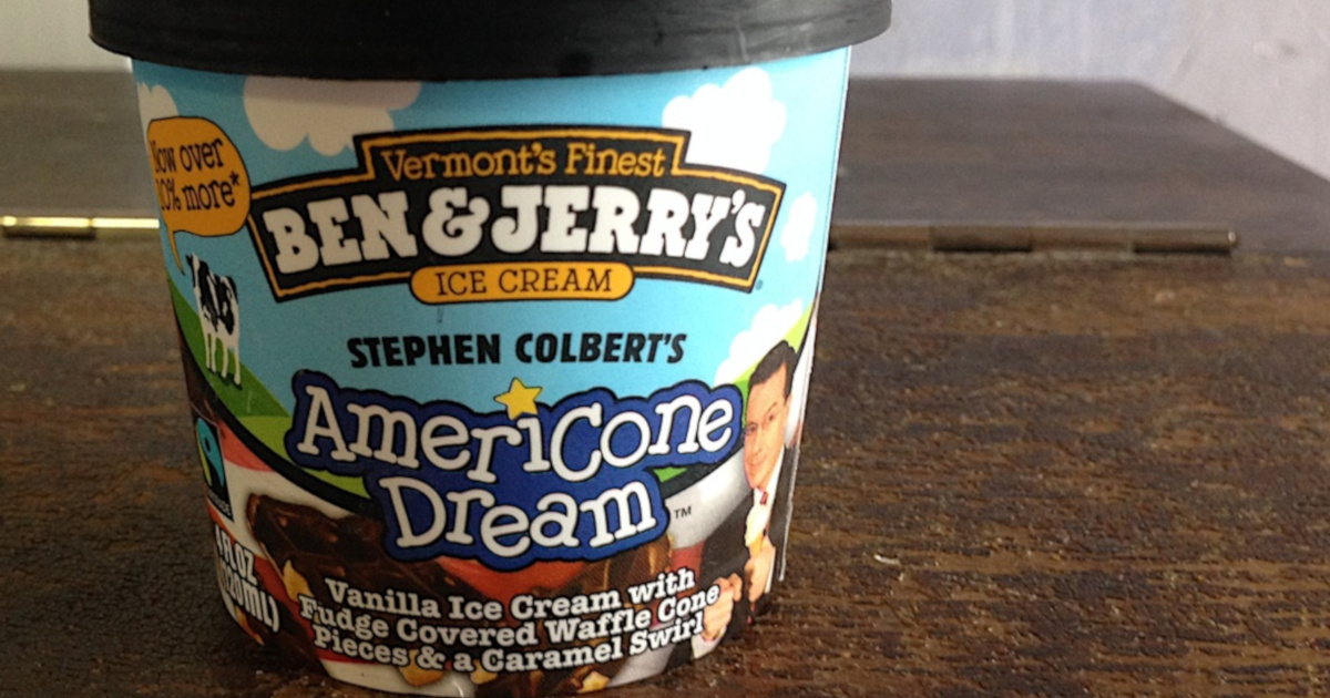 pint of Ben and Jerrys ice cream in AMERICONE DREAM flavor sitting on a wooden table