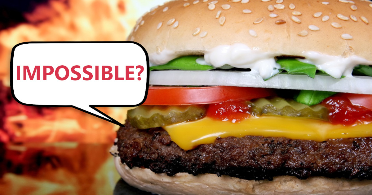 cheeseburger set in front of grill flames with a speech bubble stating IMPOSSIBLE