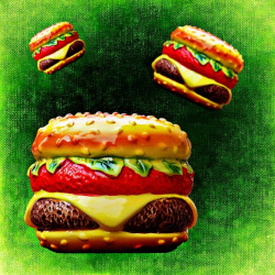 plastic toy cheeseburgers on a green background