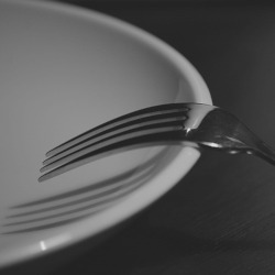 black and white image of a fork resting on a plate
