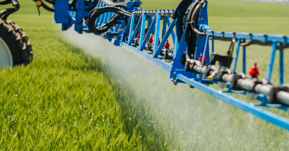 blue tractor on a farm crop field spraying pesticide on crops