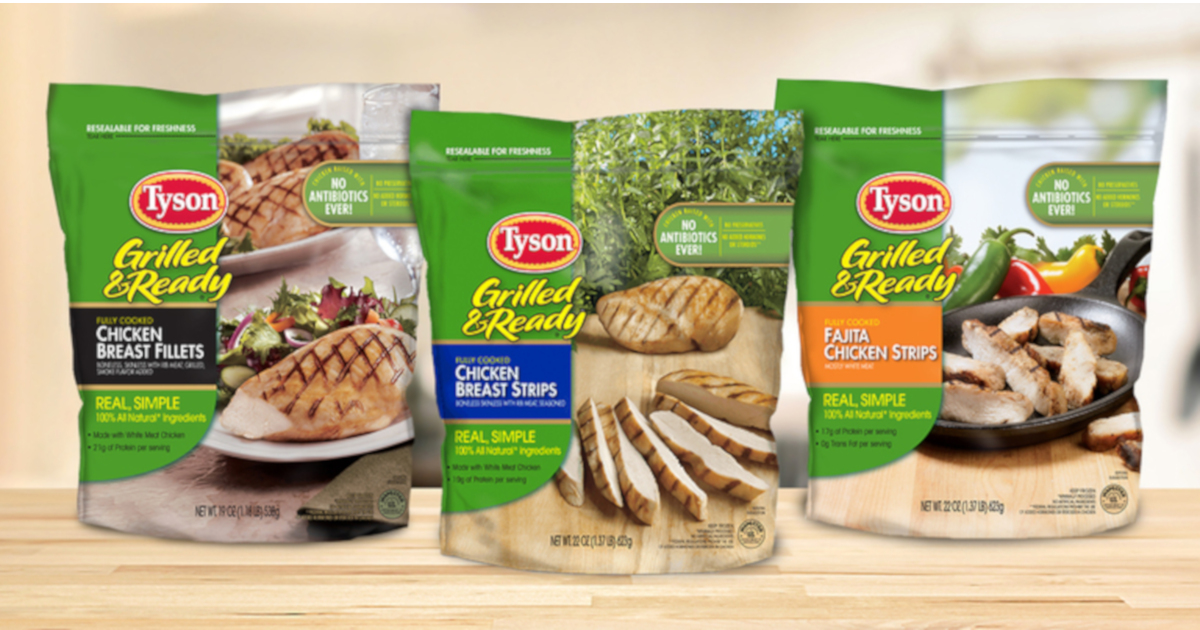 bags of Tyson brand pre cooked chicken breast strips
