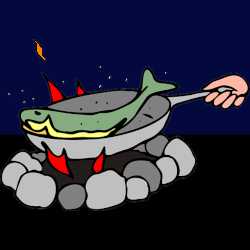 cartoon drawing of a fish being cooked in a cast iron pan over an open camp fire