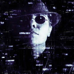 person in hat and sunglasses over cyber code