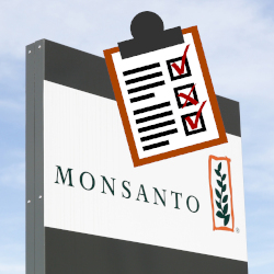 sign of Monsantos logo against a cloudy sky with a checklist graphic