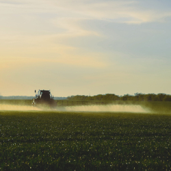 tractor spraying herbicide on farm field crops at sunset