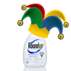 colorful jester hat with bells on top of a blue and white bottle of Monsantos glyphosate Roundup herbicide