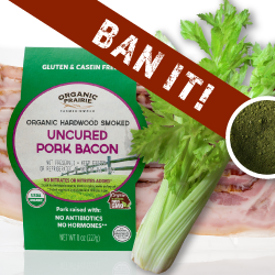 Celery powder with bacon behind it with the words 'ban it' over top
