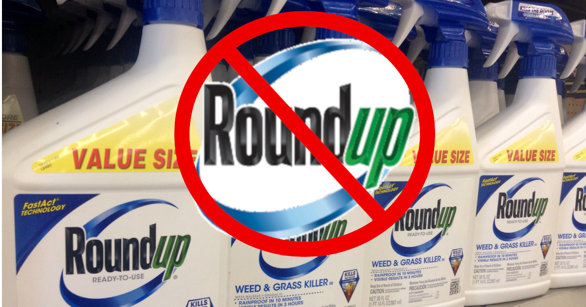 red circle with slash through Monsantos glyphosate herbicide ROUNDUP logo