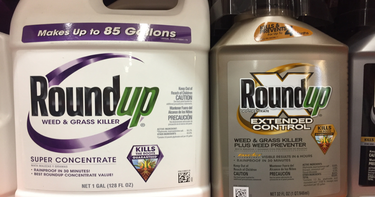 bottles of Monsantos Roundup glyphosate herbicide on a store shelf